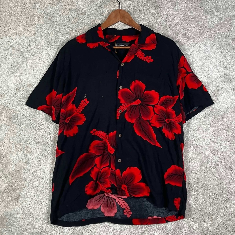Favant Mens Hawaiian Shirt Medium Black Red Hibiscus Floral Rayon Short Sleeve